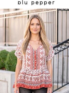 Blu Pepper Rust and Cream Floral Peplum Tunic